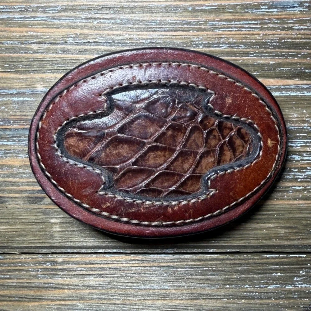 Vintage Leather Belt Buckle Tucson Arizona Western Alligator Texture Boho Brown
